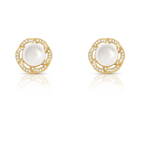 Brinco Flor Cravejada c/ Pérola Shell 14mm Folheado a Ouro 18K