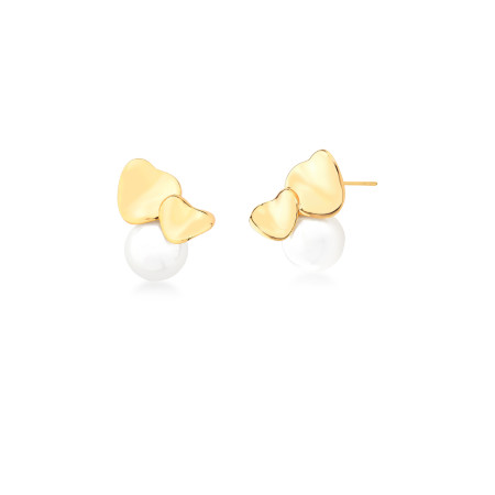 Brinco Fixo Corações e Pérola Shell Folheado a Ouro 18K