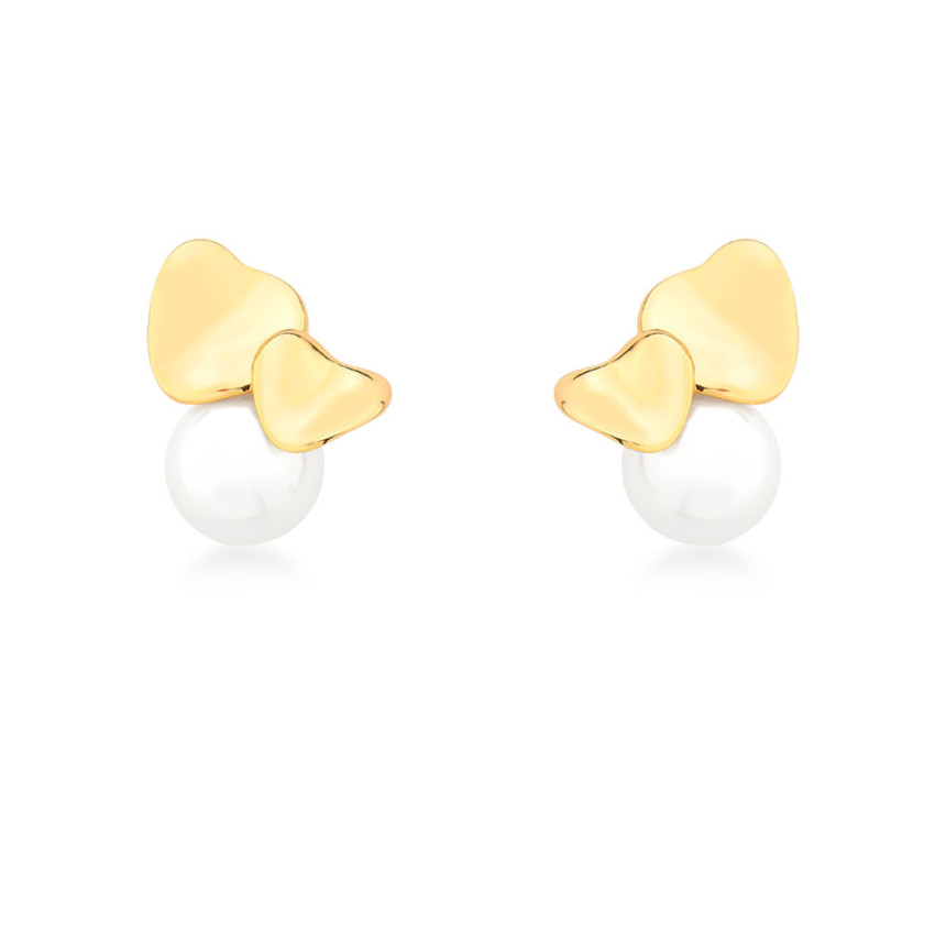 Brinco Fixo Corações e Pérola Shell Folheado a Ouro 18K