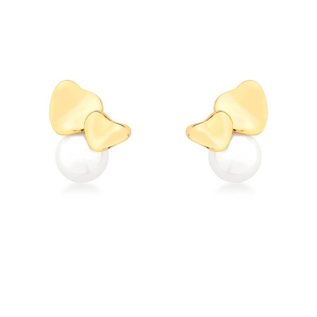 Brinco Fixo Corações e Pérola Shell Folheado a Ouro 18K