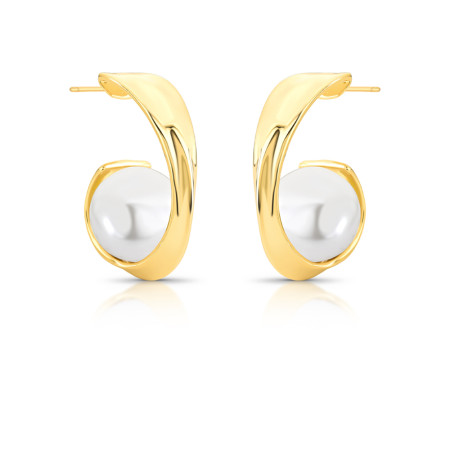 Brinco Virgula Liso c/ Pérola Shell Folheado a Ouro 18K