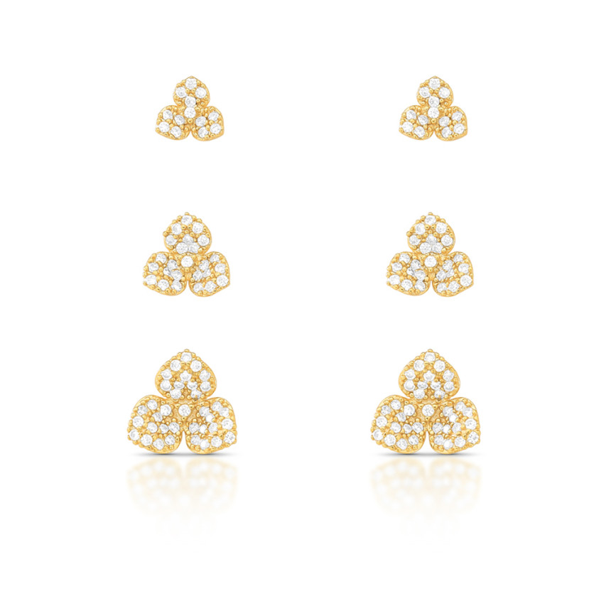 Kit Brincos Fixos Flores Cravejada Folheado a Ouro 18k