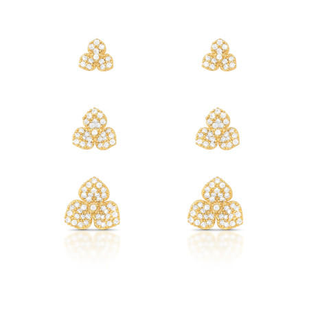 Kit Brincos Fixos Flores Cravejada Folheado a Ouro 18k