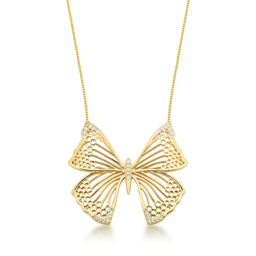 Gargantilha Borboleta Vazada Cravejada GG Folheada a Ouro 18k
