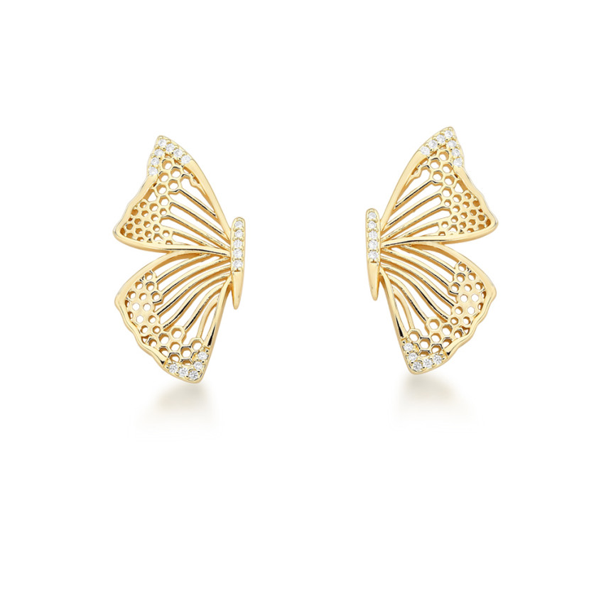 Brinco Borboleta Vazada c/ Detalhes Cravejados Folheado a Ouro 18k