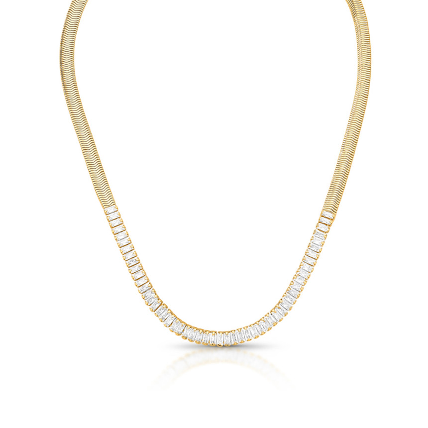 Gargantilha Riviera Baguete e Lacraia Folheada a Ouro 18k