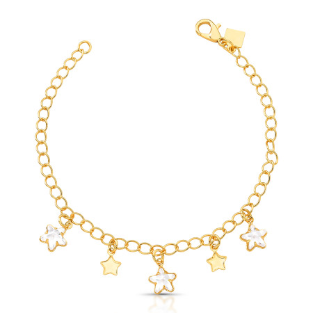 Pulseira Elos c/ Estrelas Lisas e Pontos Luz Folheada a Ouro 18k