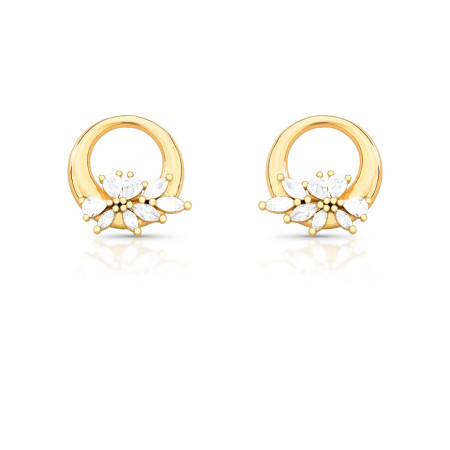 Brinco Elo Vazado Liso c/ Flores de Zircônias Cravejada Folheado a Ouro 18K