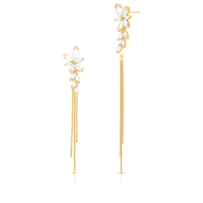 Brinco Flores de Zircônias c/ Franjas Folheada a Ouro 18k