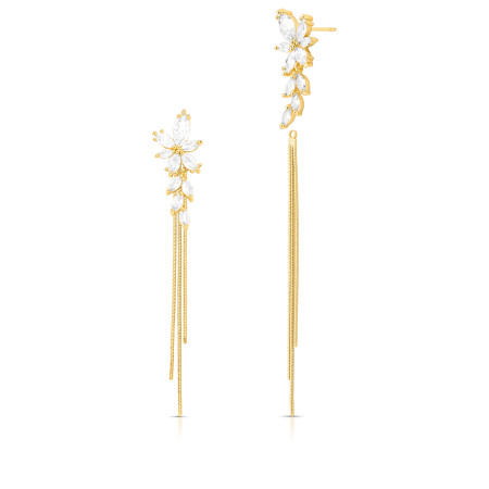 Brinco Flores de Zircônias c/ Franjas Folheada a Ouro 18k