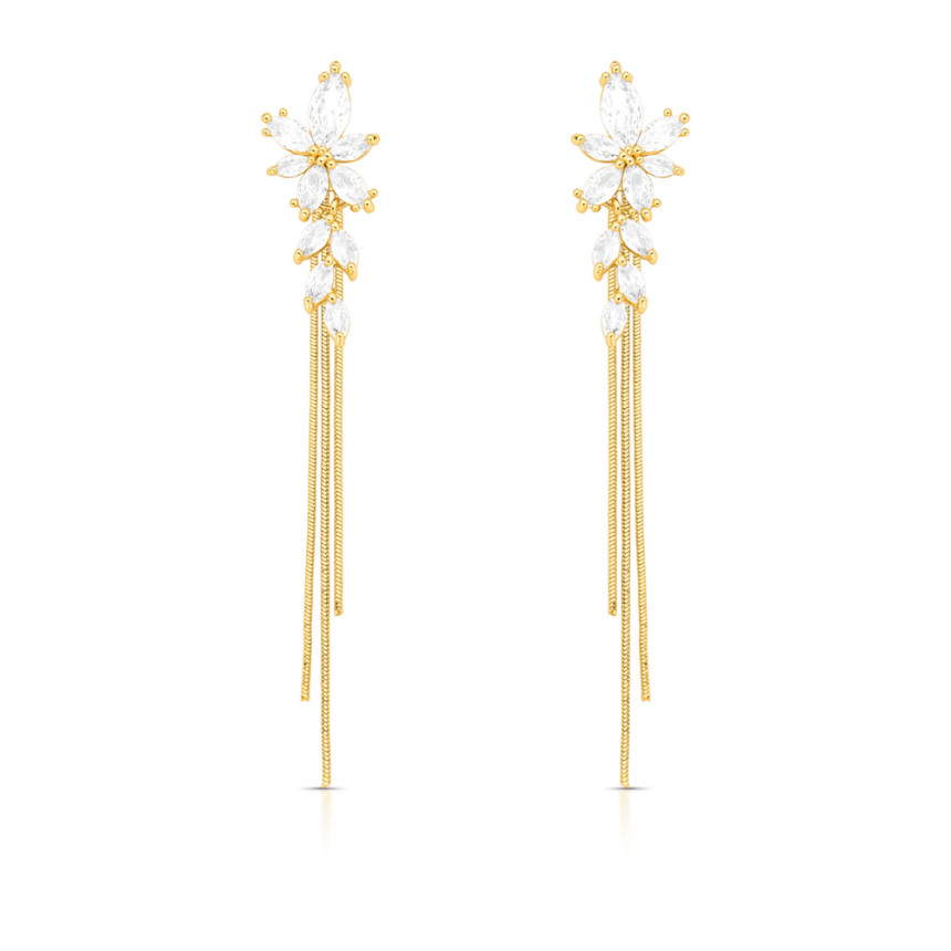 Brinco Flores de Zircônias c/ Franjas Folheada a Ouro 18k