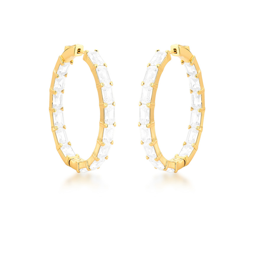 Argola Click Cravejada c/ Zircônias Baguete 40mm Folheada a Ouro 18k