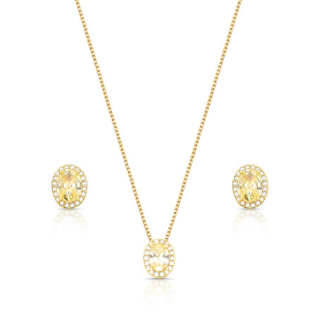 Conjunto Oval Zircônia Citrino c/ Borda Cravejada Folheado a Ouro 18K