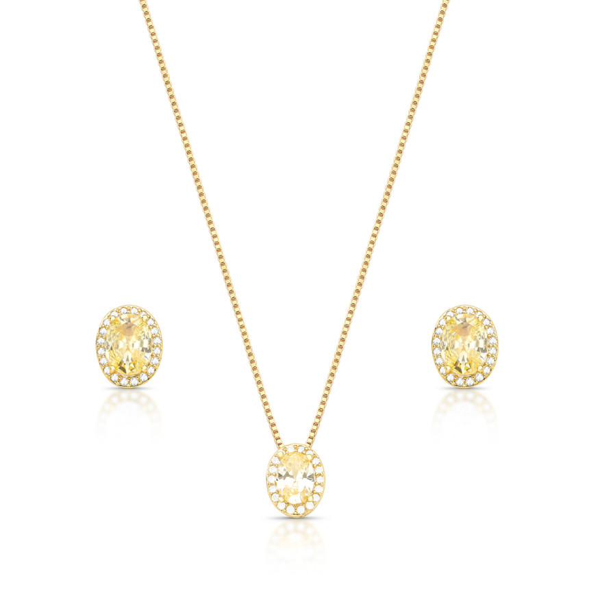 Conjunto Oval Zircônia Citrino c/ Borda Cravejada Folheado a Ouro 18K