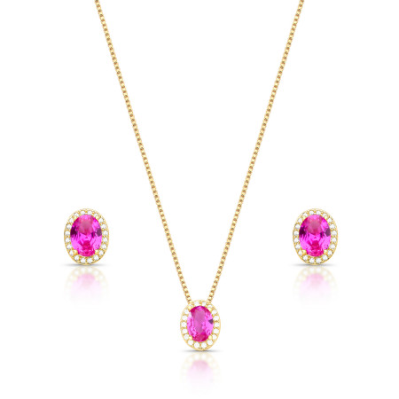 Conjunto Oval Zircônia Rubi c/ Borda Cravejada Folheado a Ouro 18K