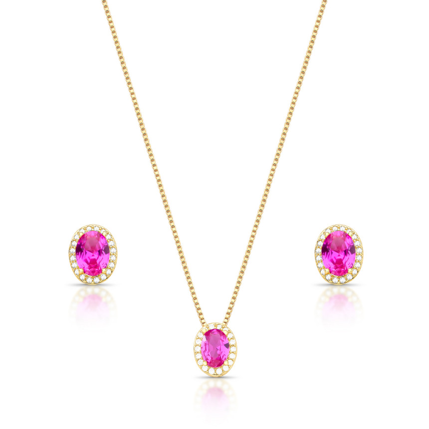 Conjunto Oval Zircônia Rubi c/ Borda Cravejada Folheado a Ouro 18K