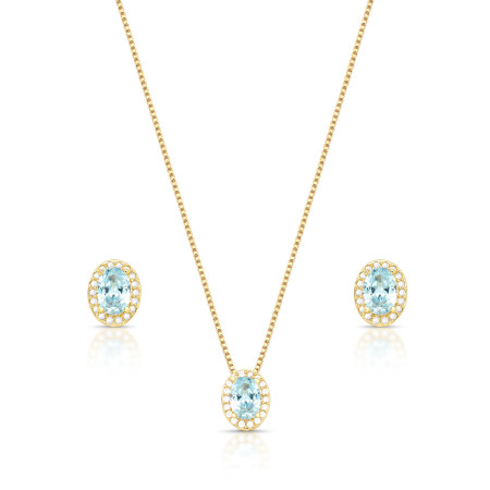 Conjunto Oval Zircônia Azul Acqua c/ Borda Cravejada Folheado a Ouro 18K
