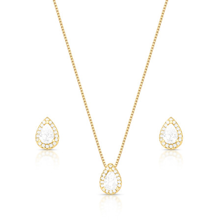 Conjunto Gota Zircônia c/ Borda Cravejada Folheado a Ouro 18K