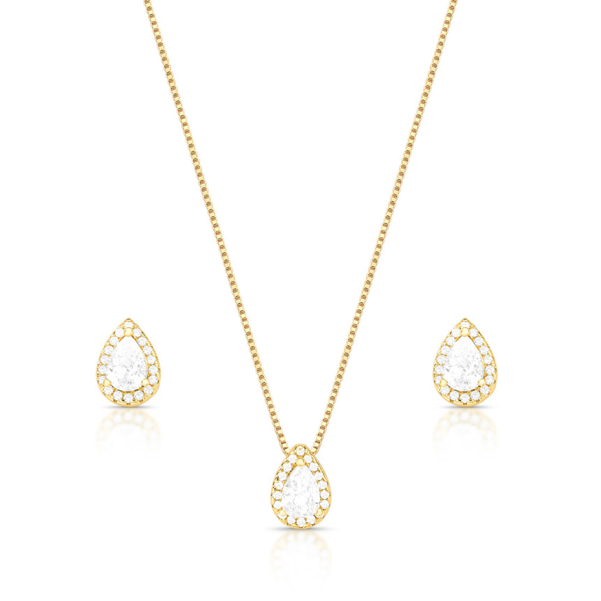Conjunto Gota Zircônia c/ Borda Cravejada Folheado a Ouro 18K