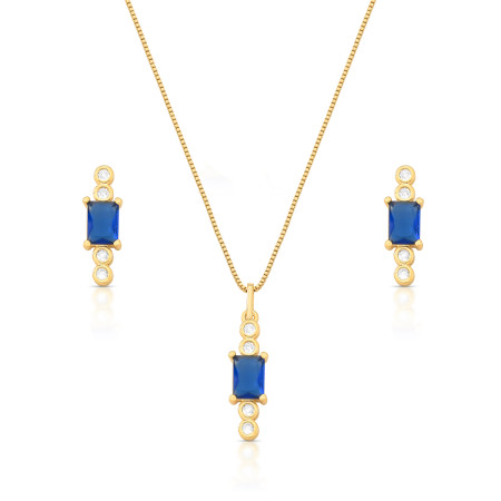 Conjunto Zircônia Retangular Azul Safira c/ Pontos Luz Embutidos Folheado a Ouro 18K
