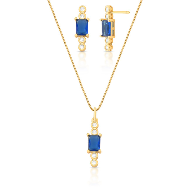 Conjunto Zircônia Retangular Azul Safira c/ Pontos Luz Embutidos Folheado a Ouro 18K