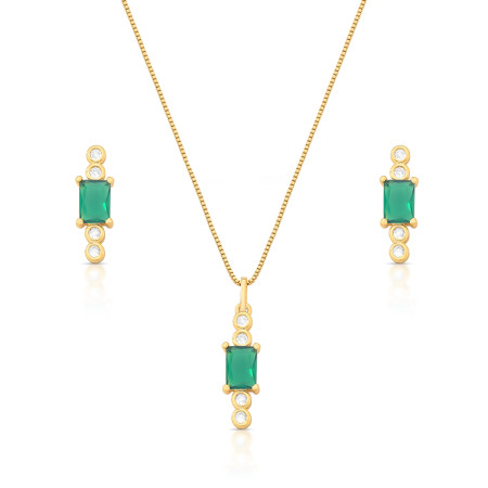 Conjunto Zircônia Retangular Verde Esmeralda c/ Pontos Luz Embutidos Folheado a Ouro 18K