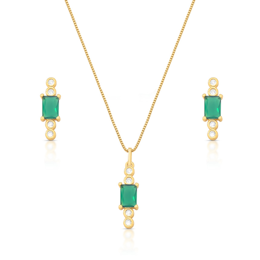 Conjunto Zircônia Retangular Verde Esmeralda c/ Pontos Luz Embutidos Folheado a Ouro 18K