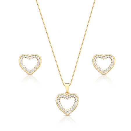 Conjunto Coração Vazado Cravejado Folheado a Ouro 18K