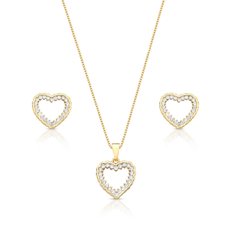 Conjunto Coração Vazado Cravejado Folheado a Ouro 18K