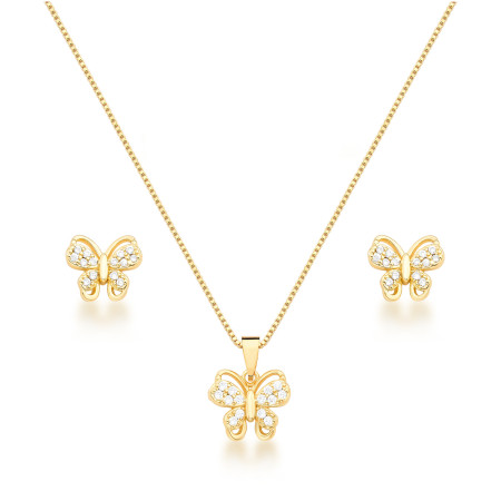 Conjunto Borboleta Cravejada Folheado a Ouro 18K