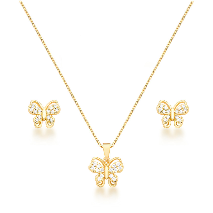 Conjunto Borboleta Cravejada Folheado a Ouro 18K