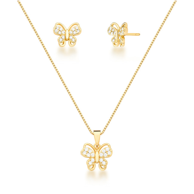 Conjunto Borboleta Cravejada Folheado a Ouro 18K