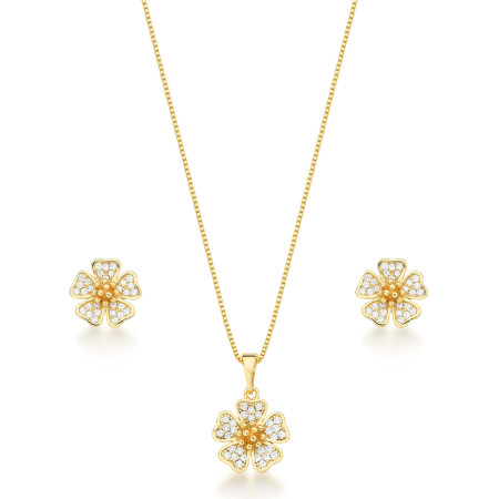 Conjunto Flor Cravejada Folheado a Ouro 18K