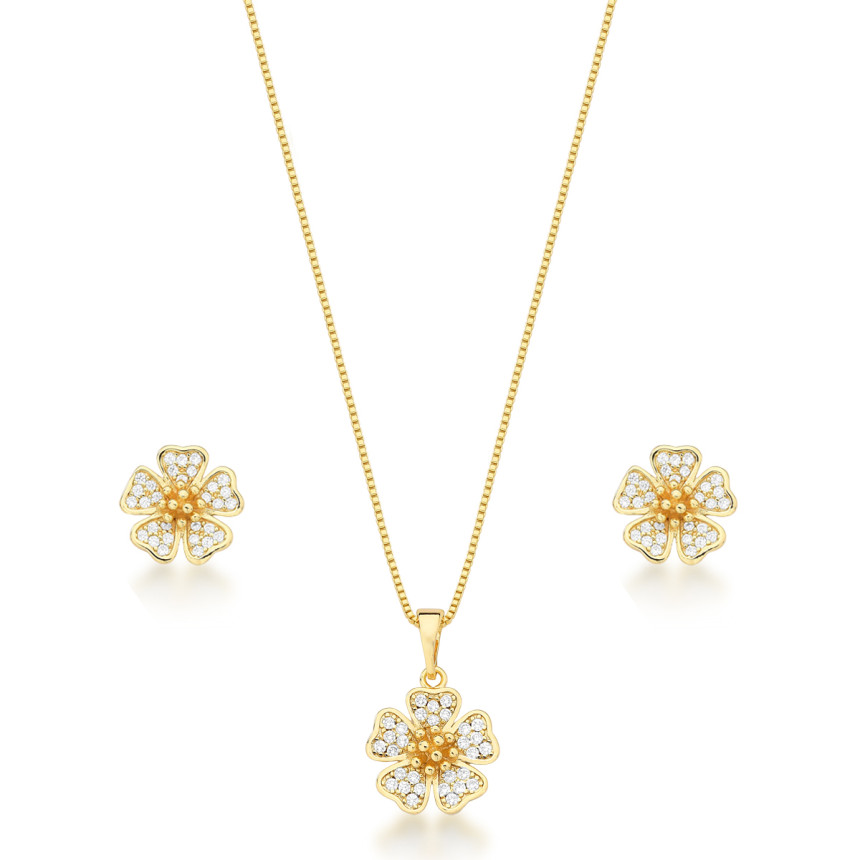 Conjunto Flor Cravejada Folheado a Ouro 18K