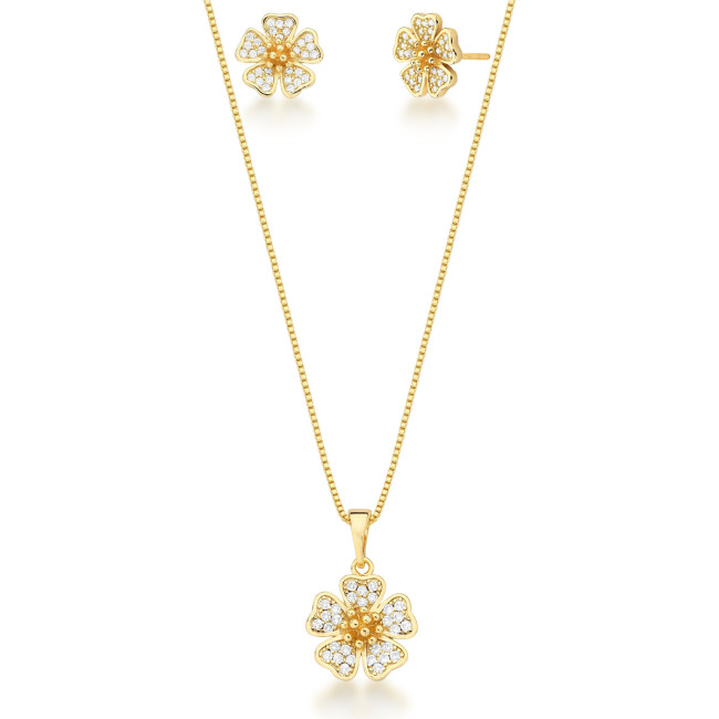 Conjunto Flor Cravejada Folheado a Ouro 18K