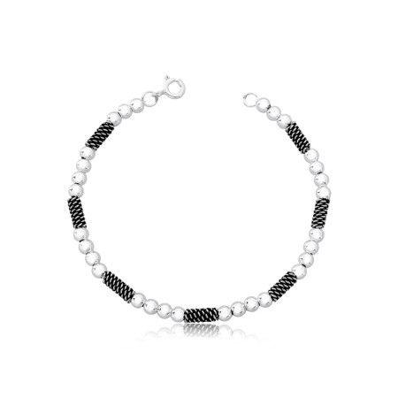 Pulseira Prata Canutilhos Envelhecidos e Esferas Lisas
