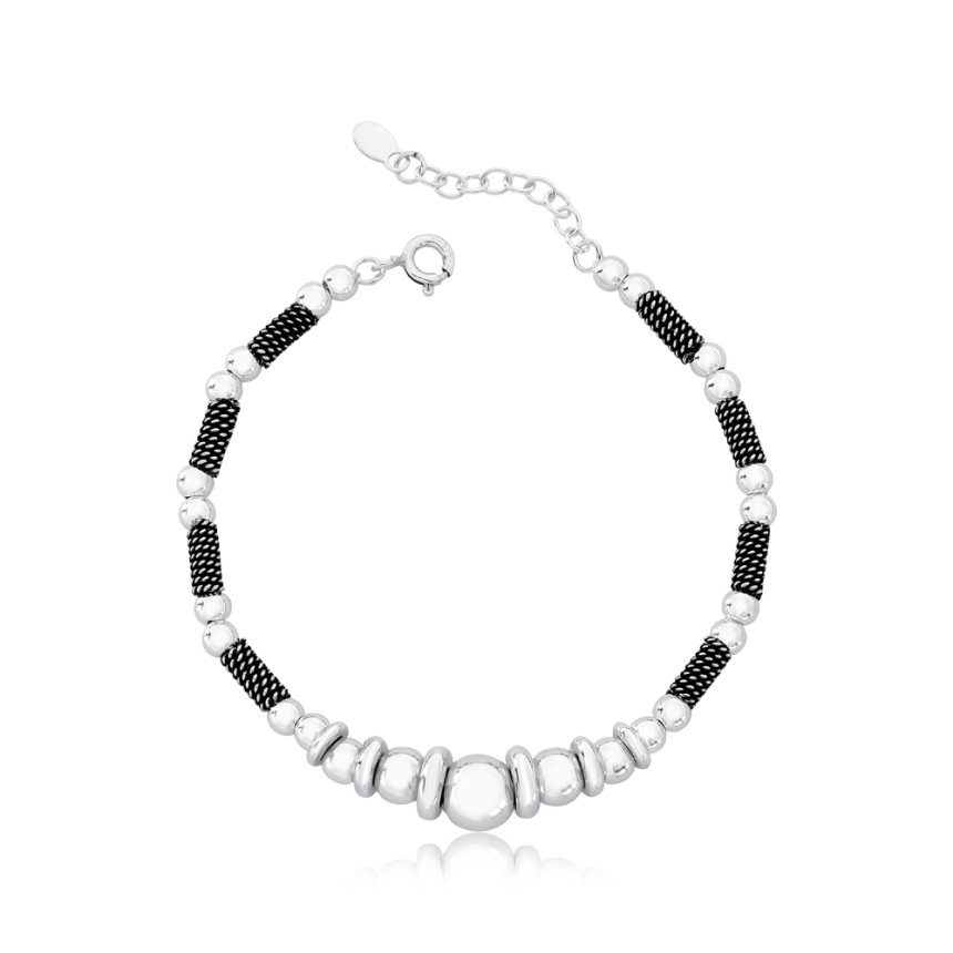 Pulseira Prata Esferas Lisas Crescentes c/ Canutilhos Envelhecidos