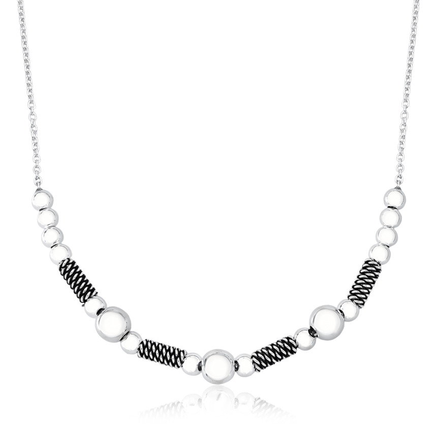 Gargantilha Prata c/ Esferas 4mm/6mm e Tubos Envelhecidos