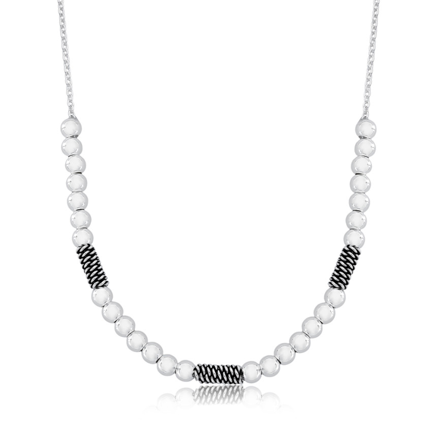 Gargantilha Prata c/ Esferas 4mm e Tubos Envelhecidos