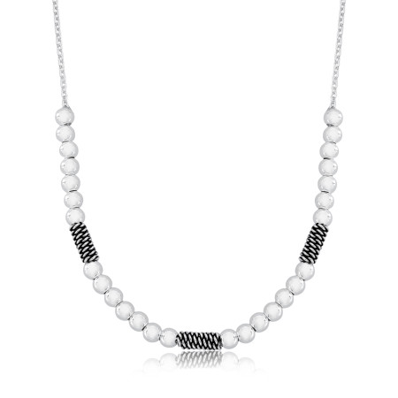 Gargantilha Prata c/ Esferas 4mm e Tubos Envelhecidos