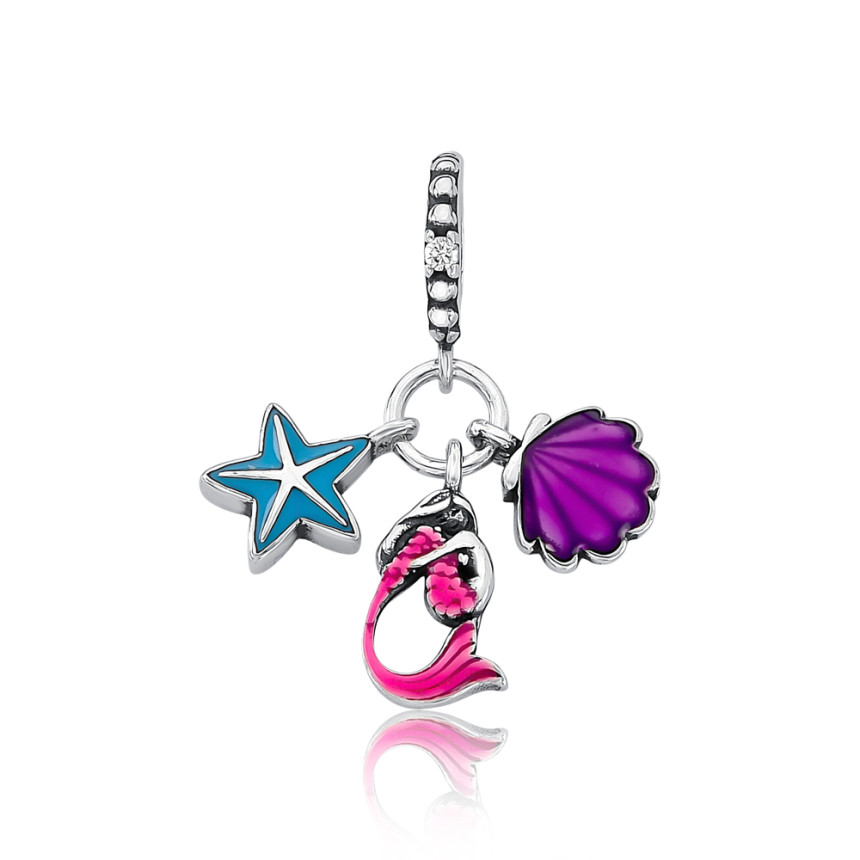 Berloque Prata c/ Ródio You Sereia / Estrela e Concha Resina Colorida