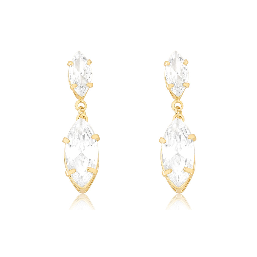 Brinco c/ Duas Zircônias Navete Folheado a Ouro 18K