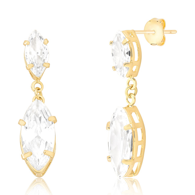 Brinco c/ Duas Zircônias Navete Folheado a Ouro 18K