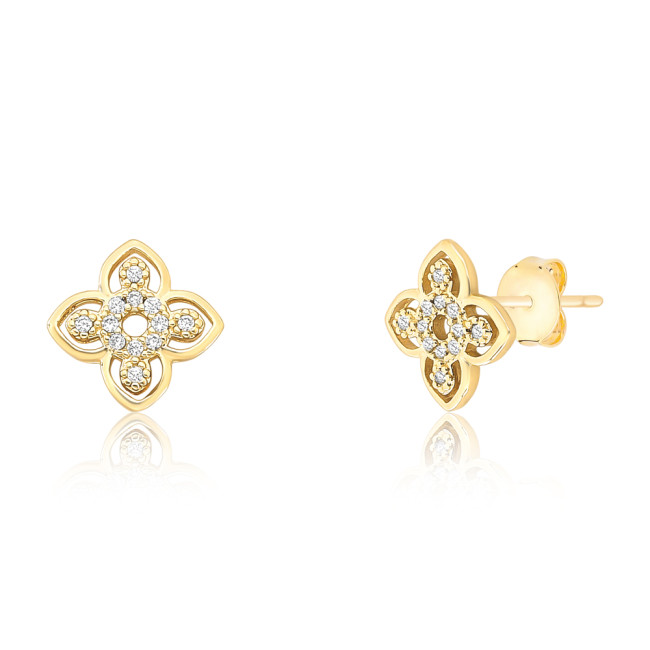 Brinco Fixo Flor Vazada Cravejada 12mm Folheado a Ouro 18k