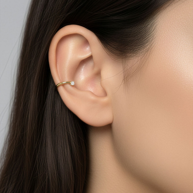 Piercing Orelha Hélix Bolinha Lisa e Zircônias nas Pontas (Pressão) UNIDADE Folheado a Ouro 18k