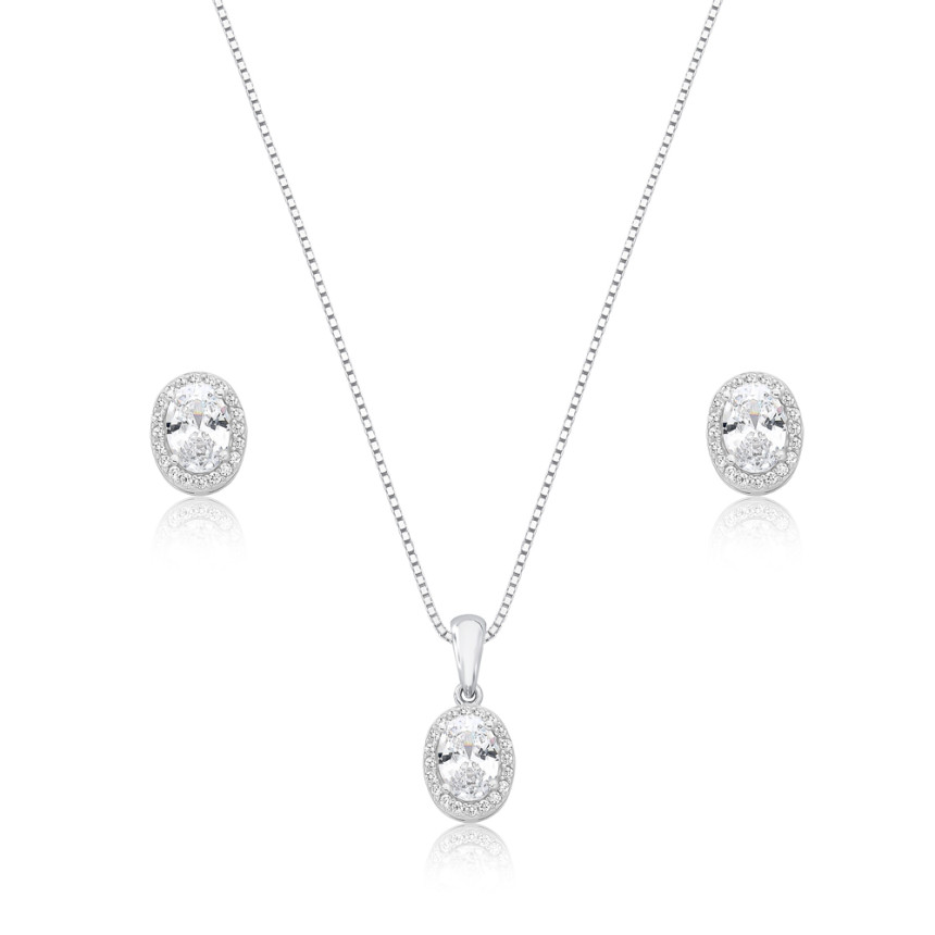 Conjunto Prata c/ Ródio Zircônia Oval c/ Borda Cravejada 9mm
