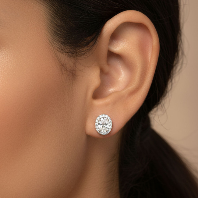 Conjunto Prata c/ Ródio Zircônia Oval c/ Borda Cravejada 9mm