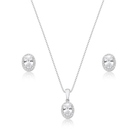 Conjunto Prata c/ Ródio Zircônia Oval c/ Borda Cravejada 9mm