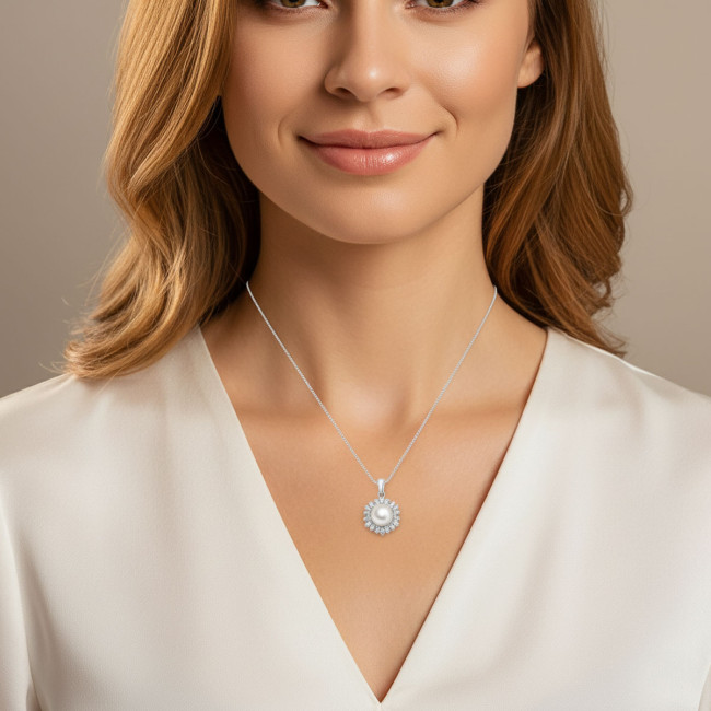 Conjunto Prata c/ Ródio Flor Pérola Natural c/ Borda Cravejada