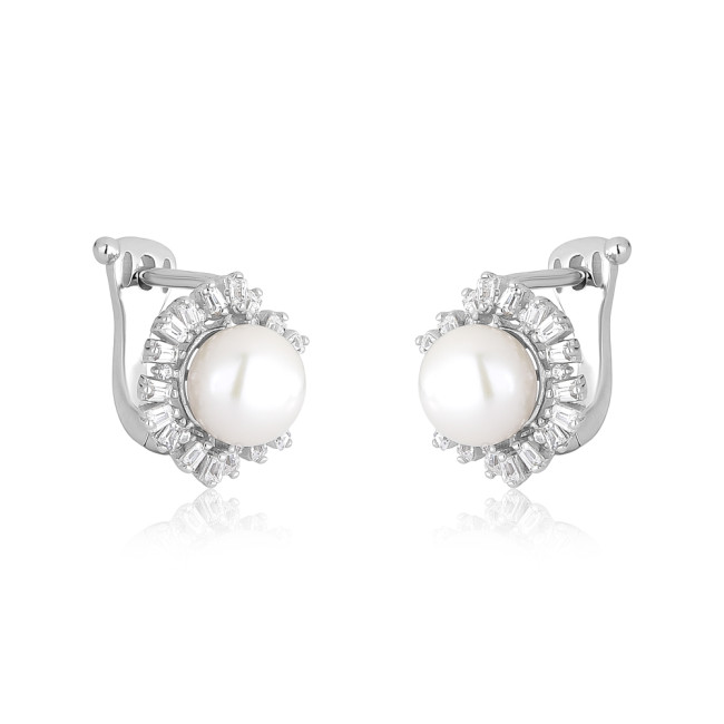 Conjunto Prata c/ Ródio Flor Pérola Natural c/ Borda Cravejada